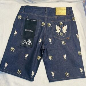 PRPS Challenger Straight Leg Denim Shorts Indigo sz 38 Embroidered Crane